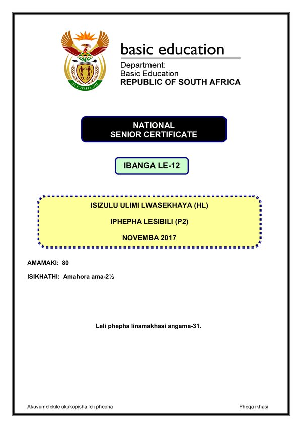 Grade 12 isiZulu past paper 2017 – IsiZulu HL P2
