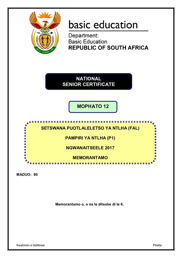 Grade 12 Setswana past paper 2017 – Setswana Fal P1 Memo