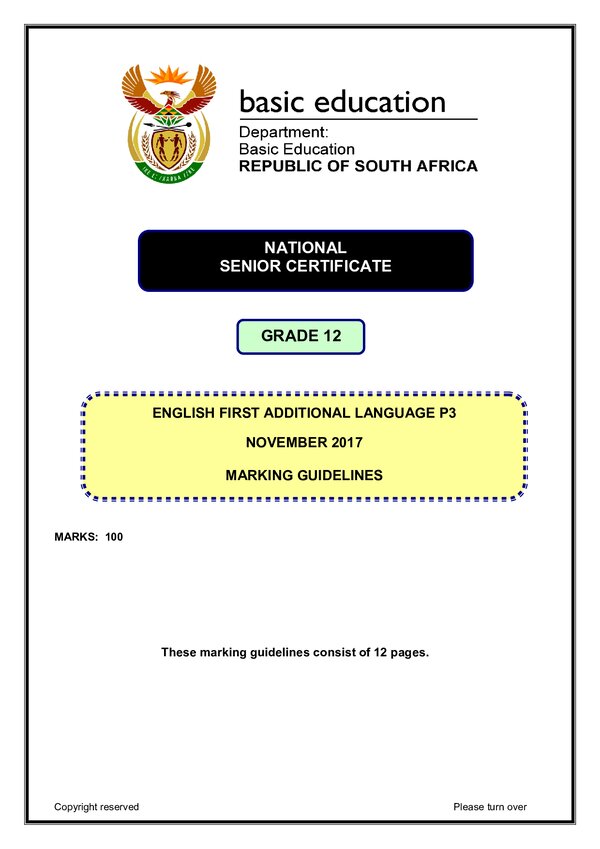Grade 12 English past paper 2017 – English FAL P3 memo
