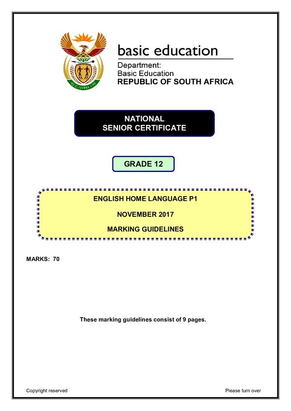 Grade 12 English past paper 2017 – English HL P1 memo