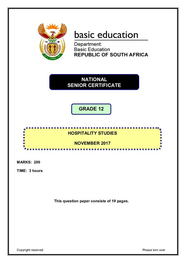 Grade 12 English past paper 2017 – Hospitality Studies Paper 1 (English)