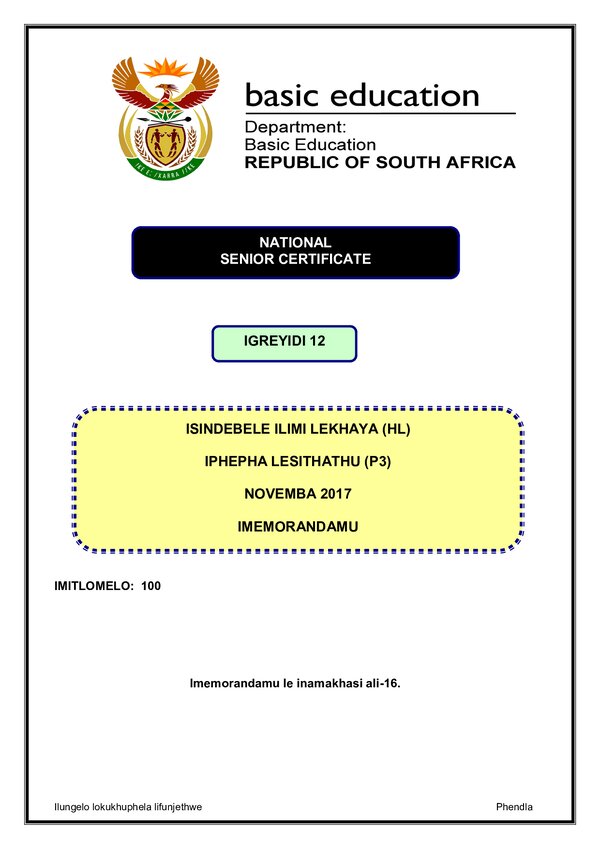 Isindebele Hl P3 Memo