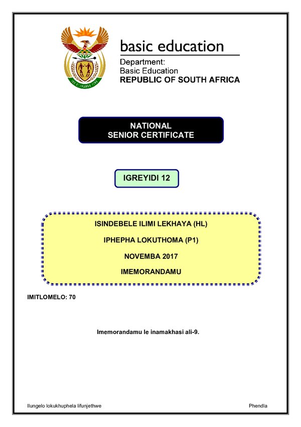 Isindebele Hl P1 Memo