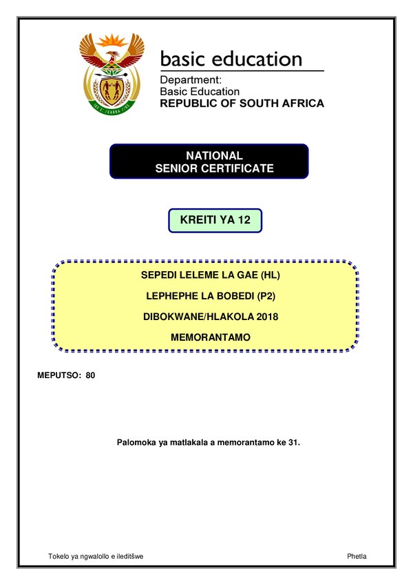 Grade 12 Sepedi past paper 2018 – Sepedi HL P2 memo