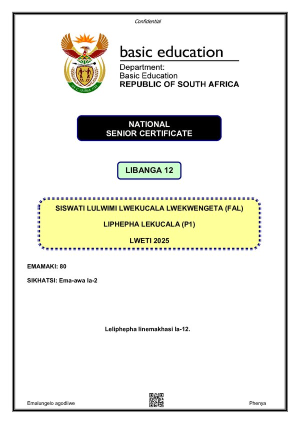 Grade 12 Siswati past paper 2020 – Siswati FAL P1