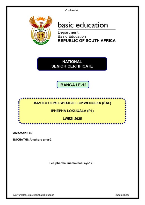 Grade 12 isiZulu past paper 2025 – IsiZulu SAL P1
