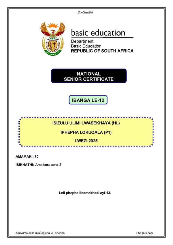 Grade 12 isiZulu past paper 2025 – IsiZulu HL P1