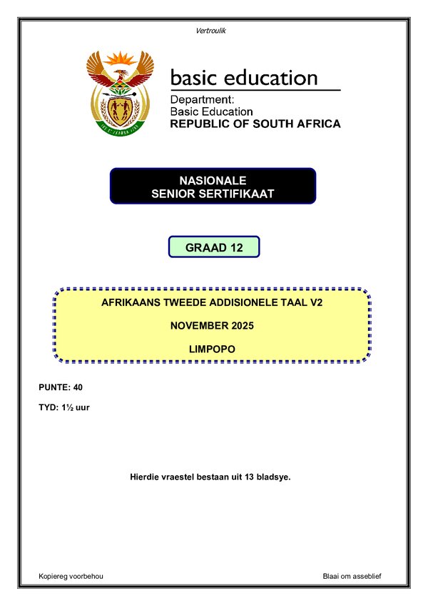 Grade 12 Afrikaans past paper 2025 – Afrikaans SAL P2 (Limpopo)