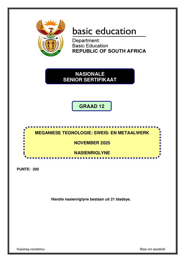 Mechanical Technology Welding And Metalwork Memo 1 (Afrikaans)