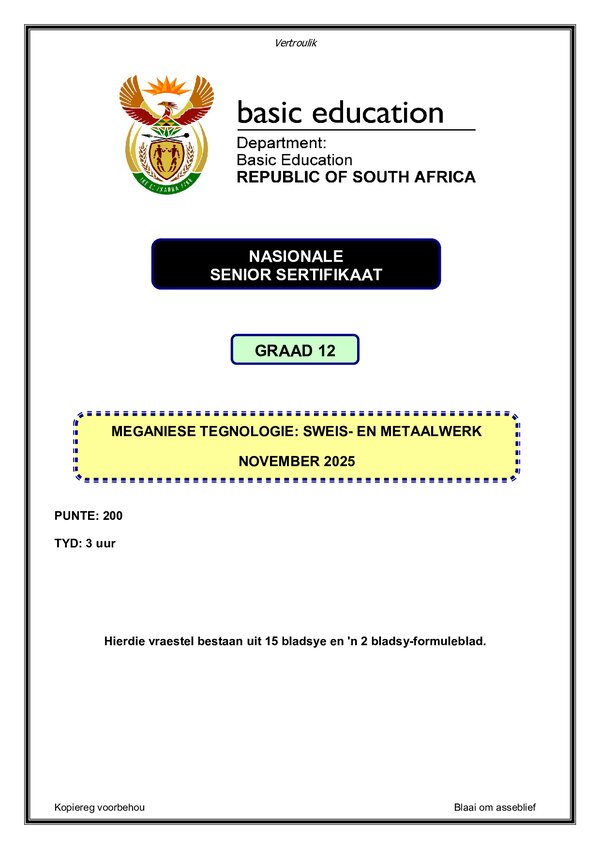 Mechanical Technology Welding And Metalwork Paper 1 (Afrikaans)