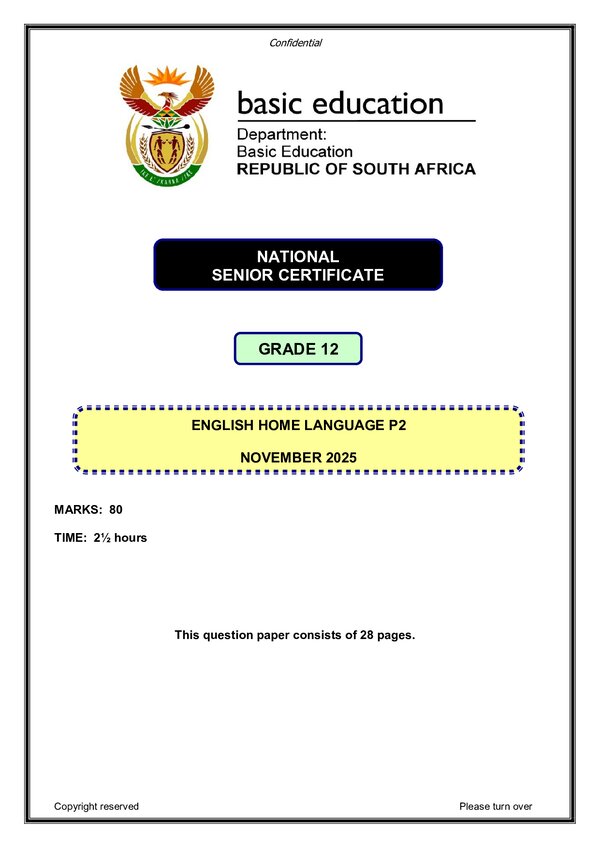 Grade 12 English past paper 2025 – English HL P2