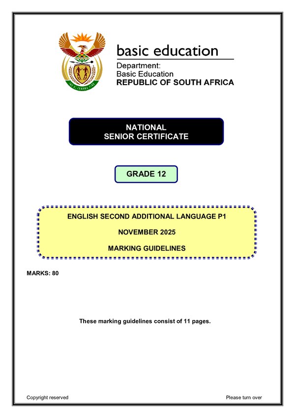Grade 12 English past paper 2025 – English SAL P1 memo