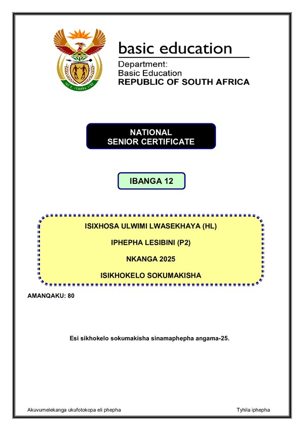 Isixhosa Hl P2 Memo