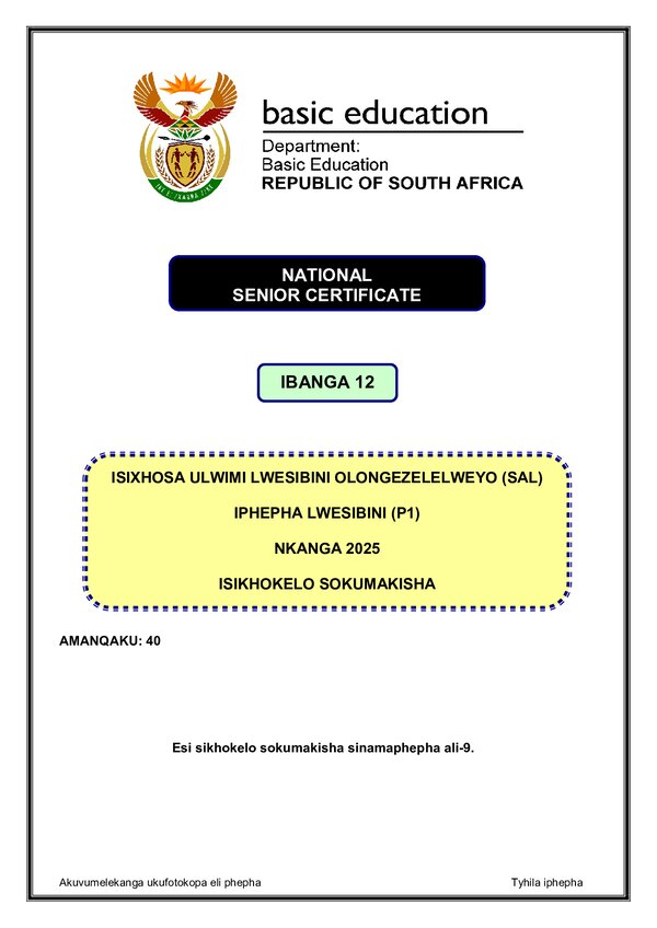 Isixhosa Sal P1 Memo