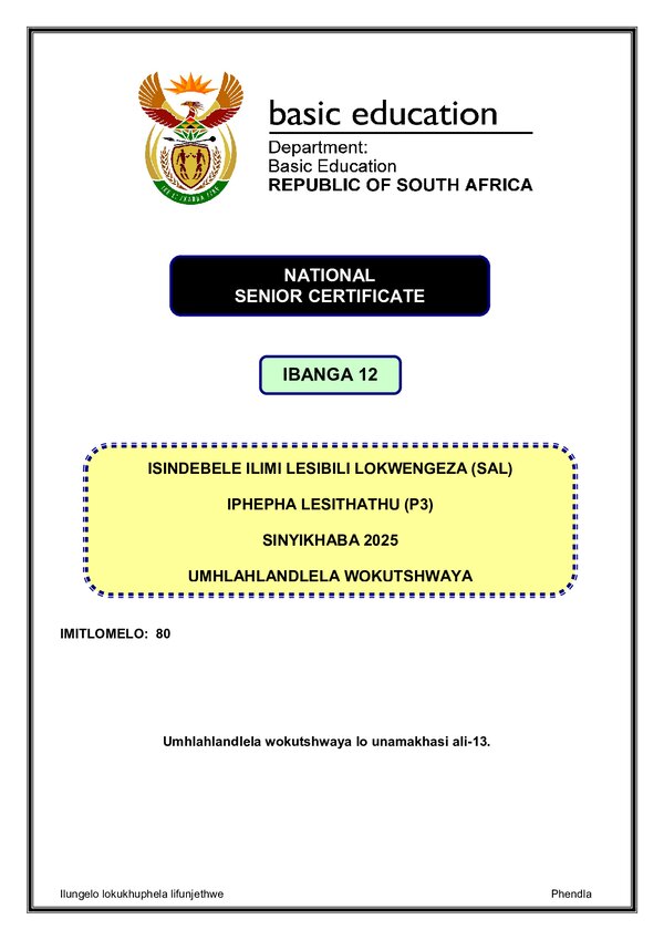 Grade 12 isiNdebele past paper 2025 – IsiNdebele SAL P3 memo