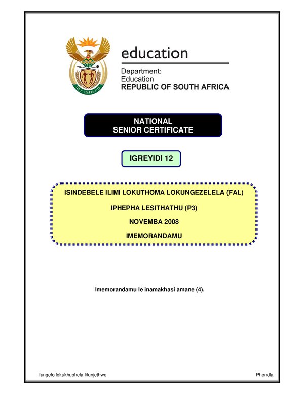 Grade 12 isiNdebele past paper 2008 – Isindebele FAL P3 memo