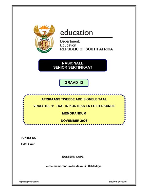 Grade 12 Afrikaans past paper 2004 – Afrikaans SAL P1 (Eastern Cape) memo