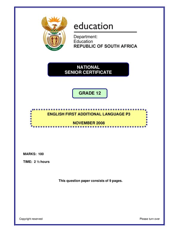 Grade 12 English past paper 2008 – English FAL P3