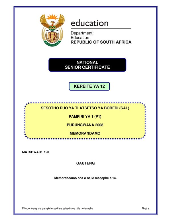 Sesotho Sal P1 (Gauteng) Memo
