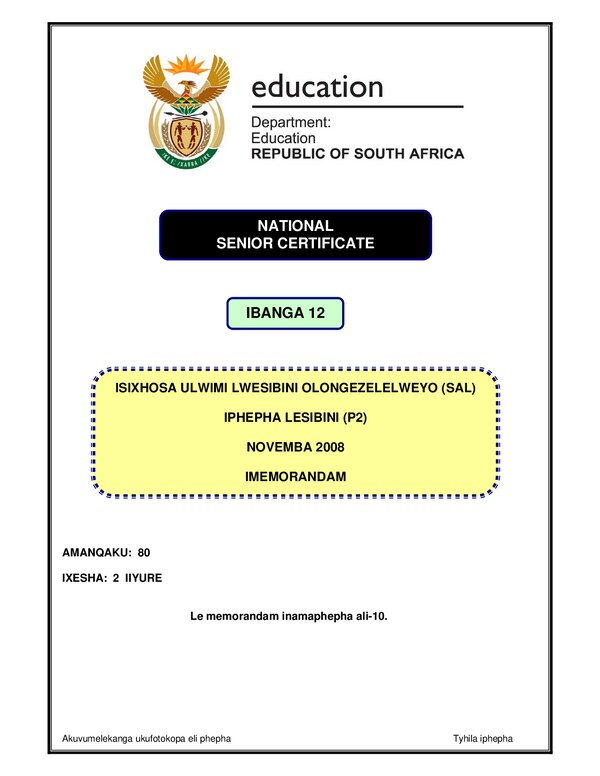 Isixhosa Isxhosa Sal P2 Memo