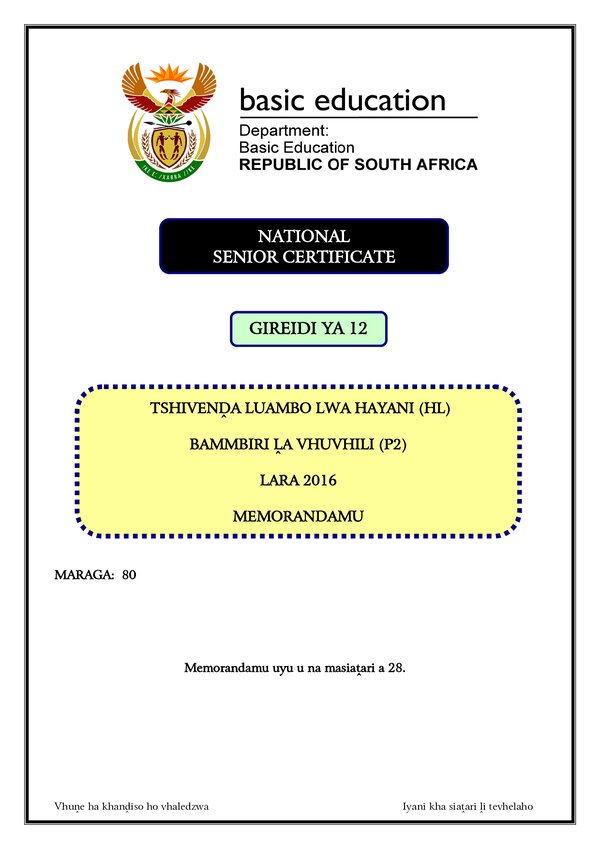 Tshivenda Hl P2 Memo