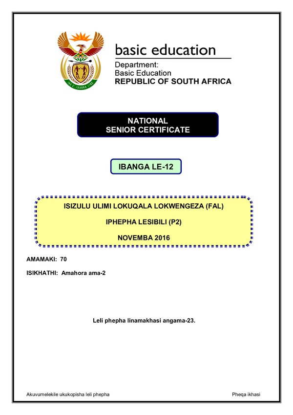 Grade 12 isiZulu past paper 2016 – IsiZulu FAL P2