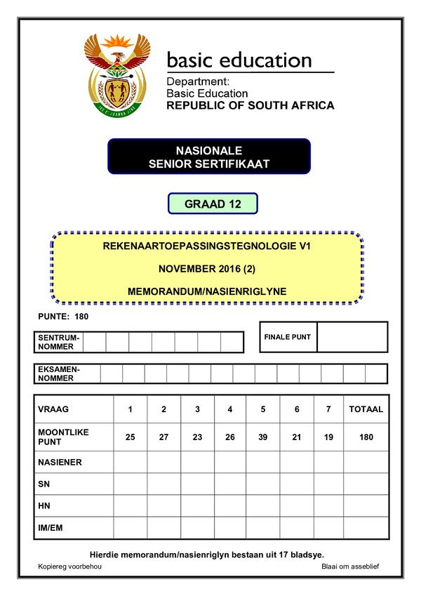 Grade 12 Rekenaartoepassingstegnologie past paper 2012 – Computer Application Technology Memo P1 Afr BackUp