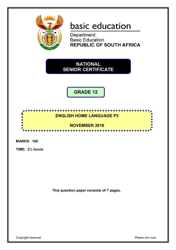 Grade 12 English past paper 2016 – English HL P3