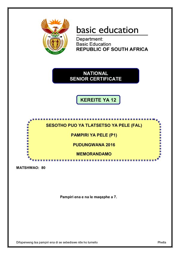 Sesotho Fal P1 Memo