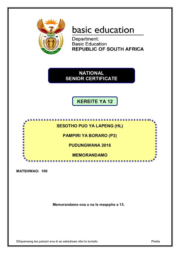 Sesotho Hl P3 Memo