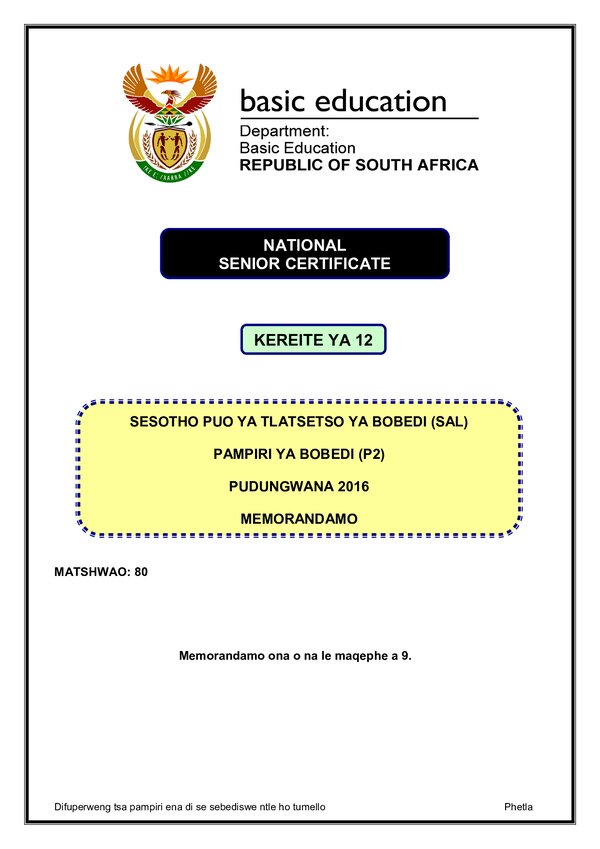 Sesotho Sal P2 Memo
