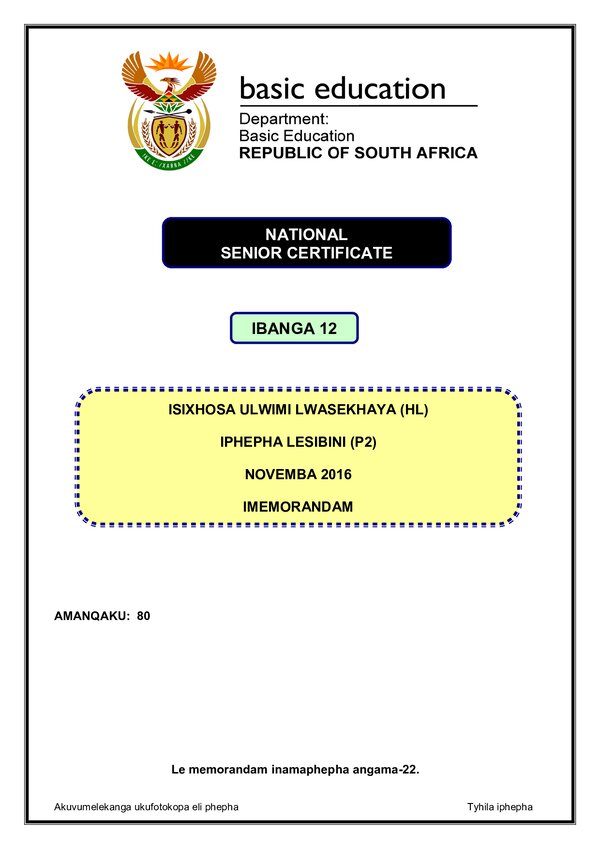 Isixhosa Hl P2 Memo