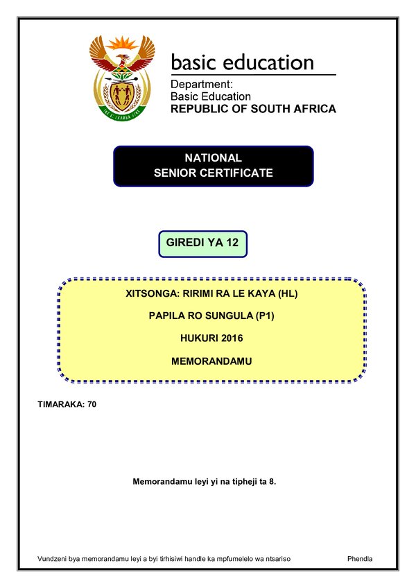 Xitsonga Hl P1 Memo