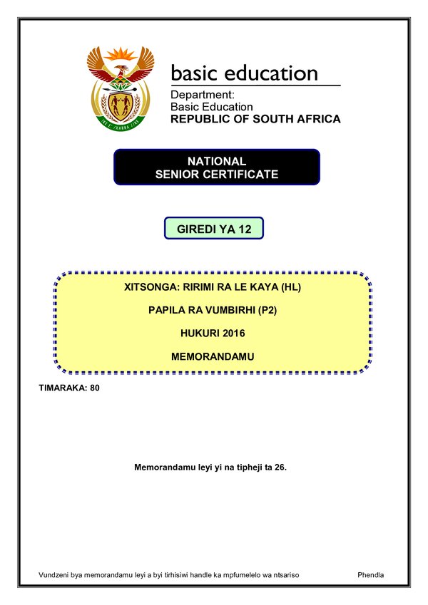 Xitsonga Hl P2 Memo