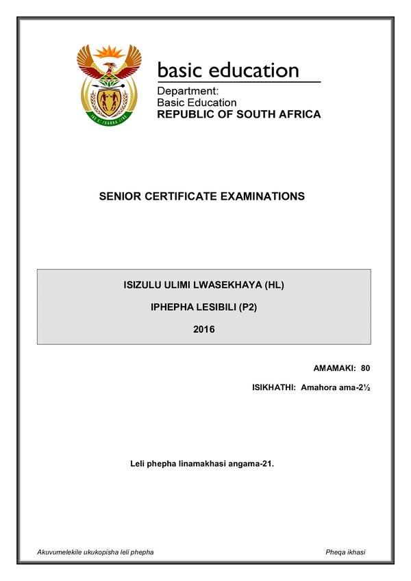 Grade 12 isiZulu past paper 2016 – IsiZulu HL P2