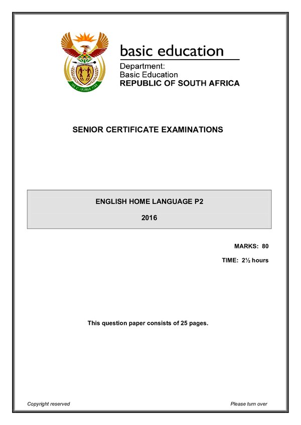 Grade 12 English past paper 2016 – English HL P2