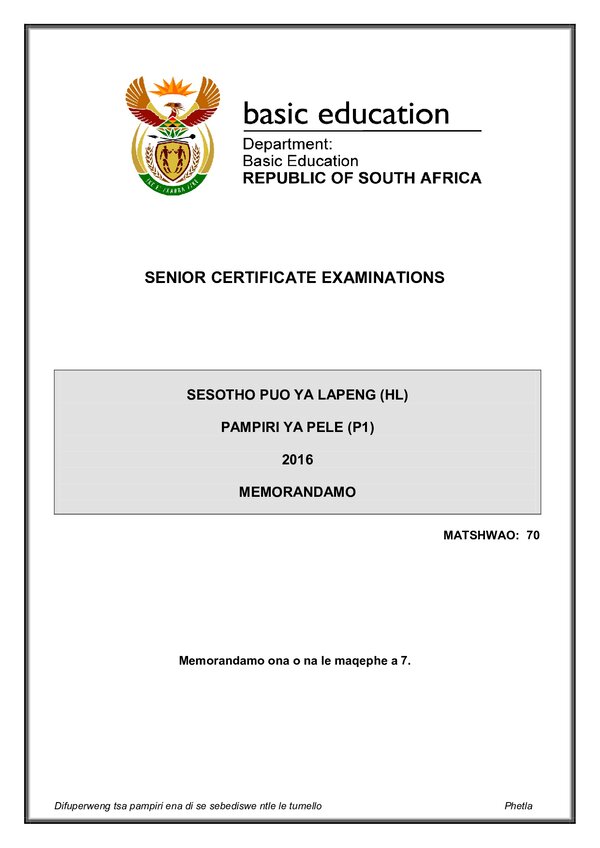 Sesotho Hl P1 Memo
