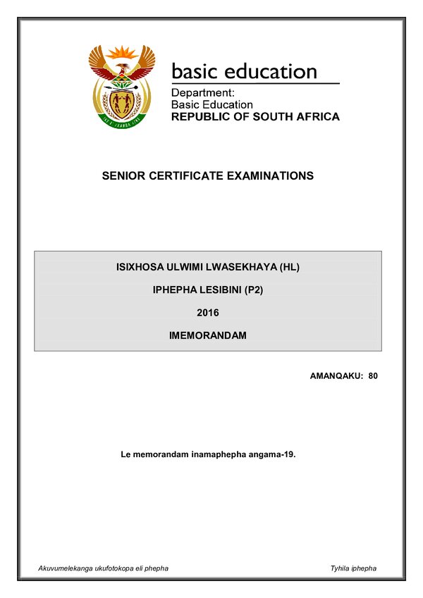 Isixhosa Hl P2 Memo