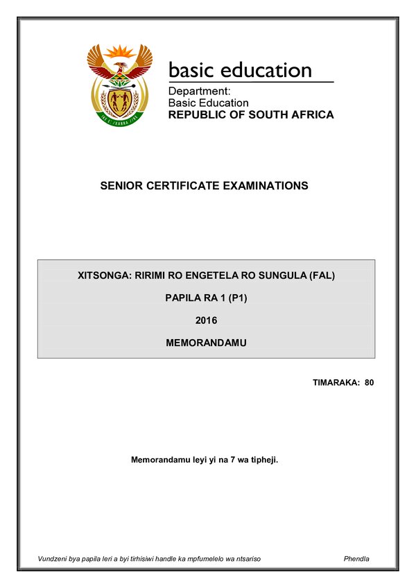 Xitsonga Fal P1 Memo