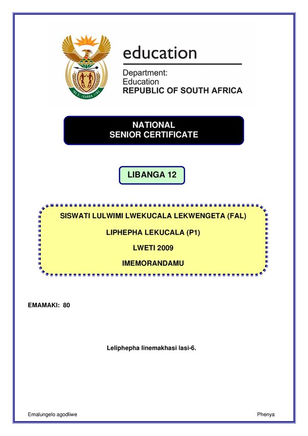 Grade 12 Siswati past paper 2009 – Siswati FAL P1 memo