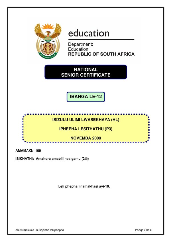 Grade 12 isiZulu past paper 2009 – IsiZulu HL P3