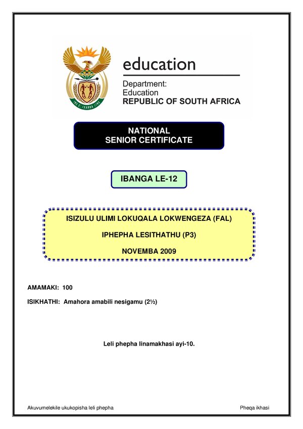 Grade 12 isiZulu past paper 2009 – IsiZulu FAL P3