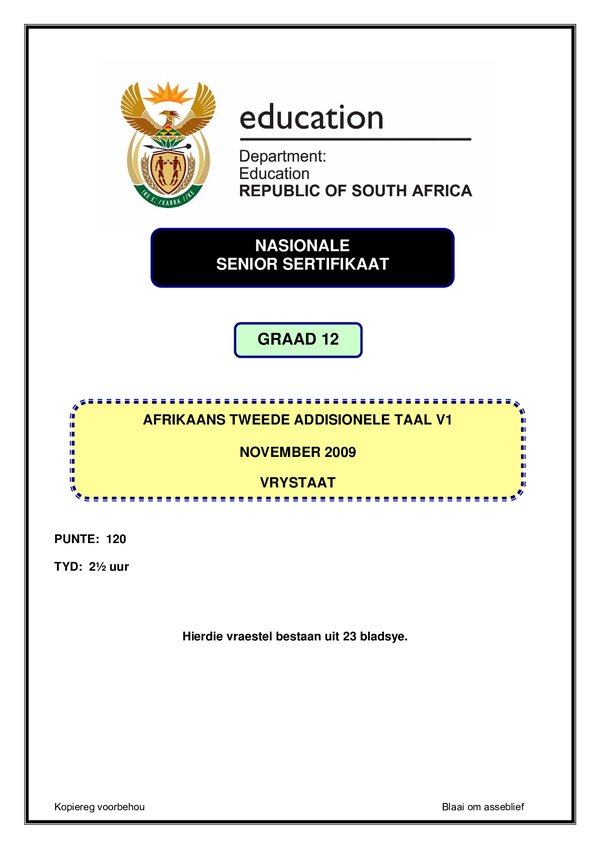 Grade 12 Afrikaans past paper 2001 – Afrikaans SAL P1 (Free State)