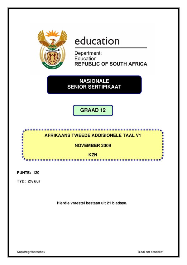 Grade 12 Afrikaans past paper 2001 – Afrikaans SAL P1 (KwaZulu Natal)