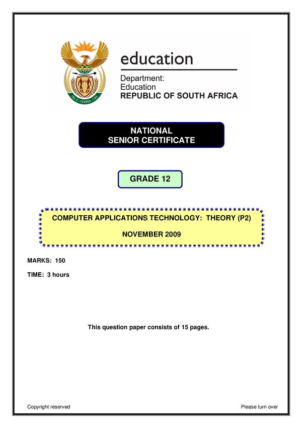 Grade 12 English past paper 2009 – Computer Application Technology Paper 2 (english)
