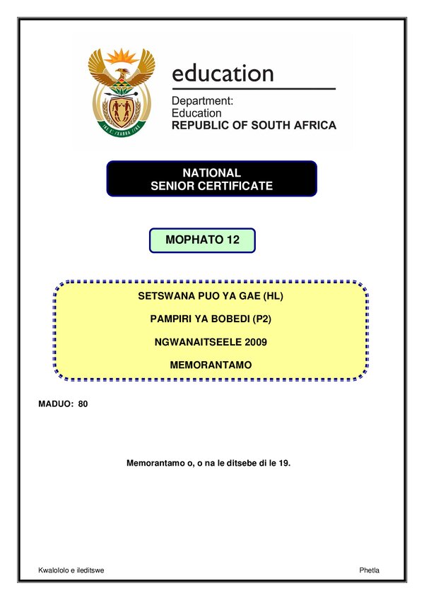 Grade 12 Setswana past paper 2009 – Setswana HL P2 memo