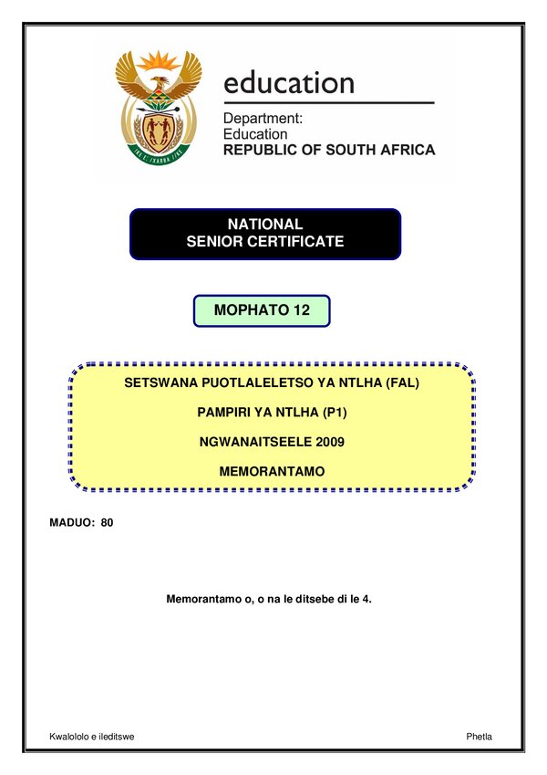 Grade 12 Setswana past paper 2009 – Setswana FAL P1 memo
