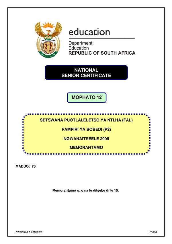 Grade 12 Setswana past paper 2009 – Setswana FAL P2 memo