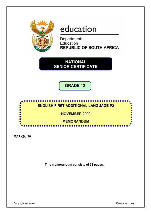 Grade 12 English past paper 2009 – English FAL P2 memo