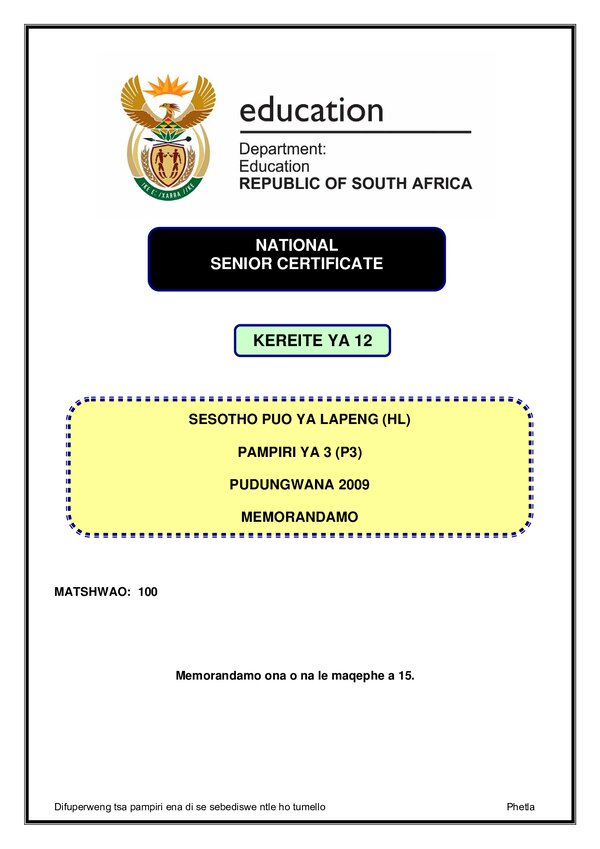 Sesotho Hl P3 Memo